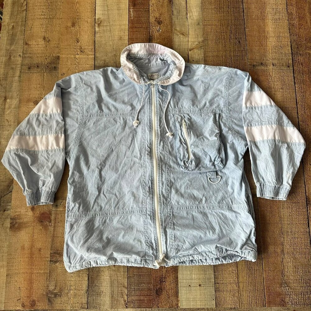 Vintage Lavon Light Blue Windbreaker Jacket With White Stripes Drawstring Adjust